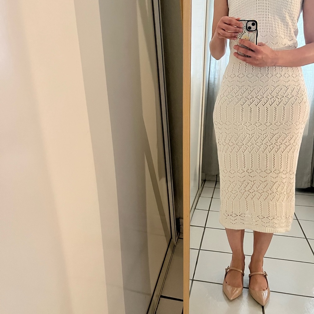 Cream Crochet Midi Dress — Elegant Textured Knit